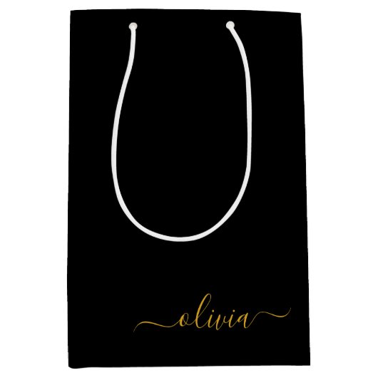 Zwart Gold Modern Script Girly Monogram Naam Medium Cadeauzakje (Voorkant)