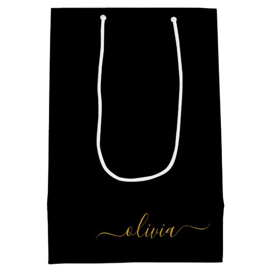 Zwart Gold Modern Script Girly Monogram Naam Medium Cadeauzakje (Achterkant)