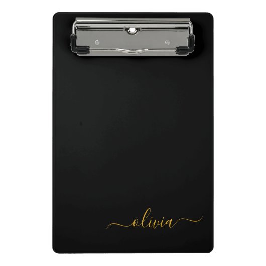 Zwart Gold Modern Script Girly Monogram Naam Mini Klembord (Voorkant)