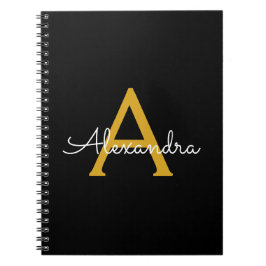 Zwart Gold Modern Script Girly Monogram Naam Notitieboek