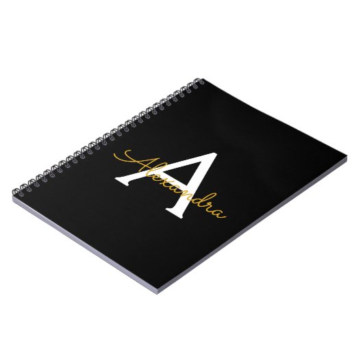 Zwart Gold Modern Script Girly Monogram Naam Notitieboek (Linkerzijde)