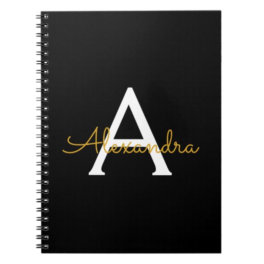 Zwart Gold Modern Script Girly Monogram Naam Notitieboek (Voorkant)