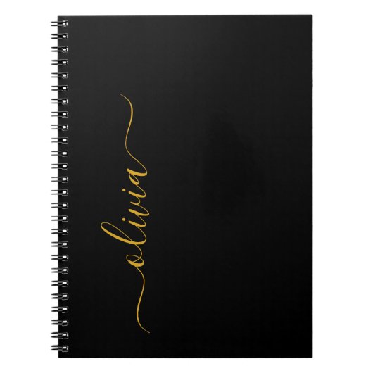 Zwart Gold Modern Script Girly Monogram Naam Notitieboek (Voorkant)