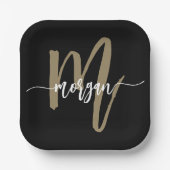 Zwart Gold Modern Script Girly Monogram Naam Papieren Bordje (Voorkant)