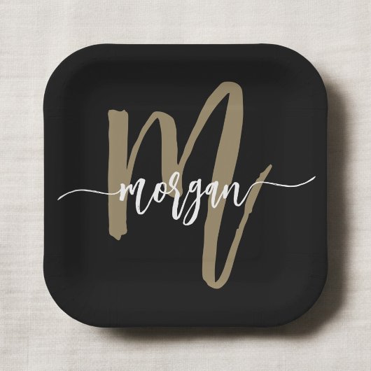 Zwart Gold Modern Script Girly Monogram Naam Papieren Bordje