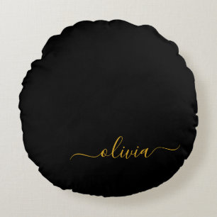 Zwart Gold Modern Script Girly Monogram Naam Rond Kussen