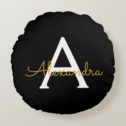 Zwart Gold Modern Script Girly Monogram Naam Rond Kussen (Voorkant)