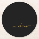 Zwart Gold Modern Script Girly Monogram Naam Ronde Kartonnen Onderzetter<br><div class="desc">Zwart en goudvormig zwart-witmonogram met naam papieren Onderzetters. Dit maakt het perfecte afstuderen,  de verjaardag,  de bruiloft,  het vrijgezellenfeest,  de verjaardag,  het baby shower of het bachelorette feest cadeau voor iemand die van glam luxe en chic stijlen houdt.</div>