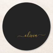Zwart Gold Modern Script Girly Monogram Naam Ronde Kartonnen Onderzetter (Voorkant)