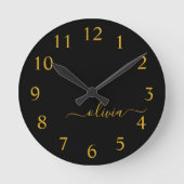 Zwart Gold Modern Script Girly Monogram Naam Ronde Klok (Voorkant)