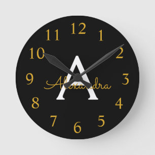 Zwart Gold Modern Script Girly Monogram Naam Ronde Klok