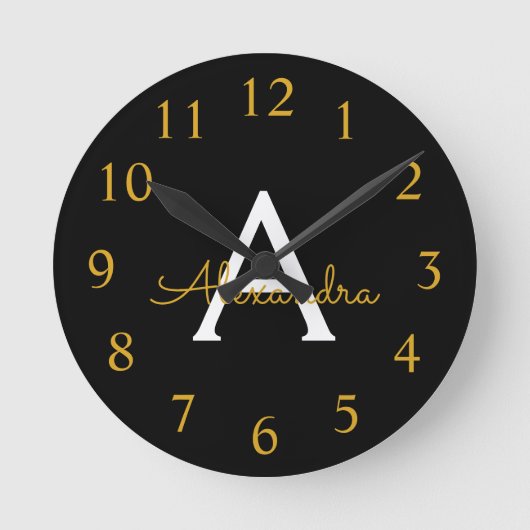 Zwart Gold Modern Script Girly Monogram Naam Ronde Klok (Voorkant)