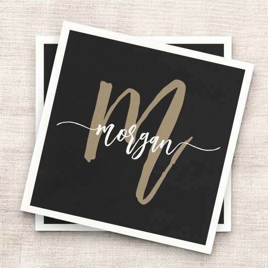Zwart Gold Modern Script Girly Monogram Naam Servet