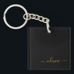 Zwart Gold Modern Script Girly Monogram Naam Sleutelhanger<br><div class="desc">Sleutelhanger voor zwarte en Gold Simple Script Monogram Name. Dit maakt de perfecte liefhebbende 16 verjaardag,  bruiloft,  vrijgezellenfeest,  verjaardagsdag,  baby shower of vrijgezellenfeest voor iemand die van luxe glam en stijl houdt.</div>