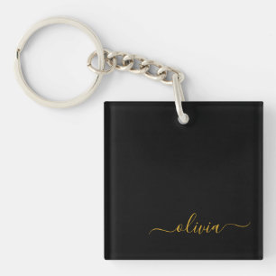 Zwart Gold Modern Script Girly Monogram Naam Sleutelhanger