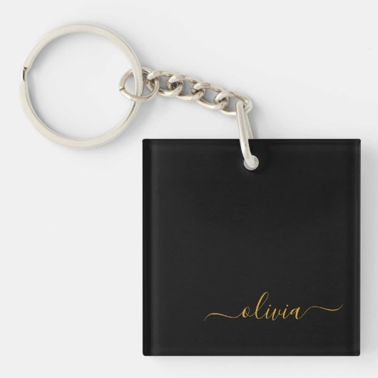 Zwart Gold Modern Script Girly Monogram Naam Sleutelhanger (voorkant)