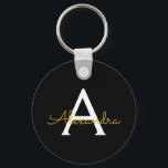 Zwart Gold Modern Script Girly Monogram Naam Sleutelhanger<br><div class="desc">Zwart en Gold Eenvoudig Manuscript de Sleutelketens van de Naam van het Monogram (Sleutelhanger). Dit maakt de perfecte liefhebbende 16 verjaardag,  bruiloft,  vrijgezellenfeest,  verjaardagsdag,  baby shower of vrijgezellenfeest voor iemand die van luxe glam en stijl houdt.</div>