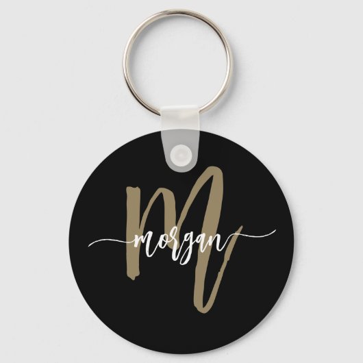 Zwart Gold Modern Script Girly Monogram Naam Sleutelhanger (Voorkant)