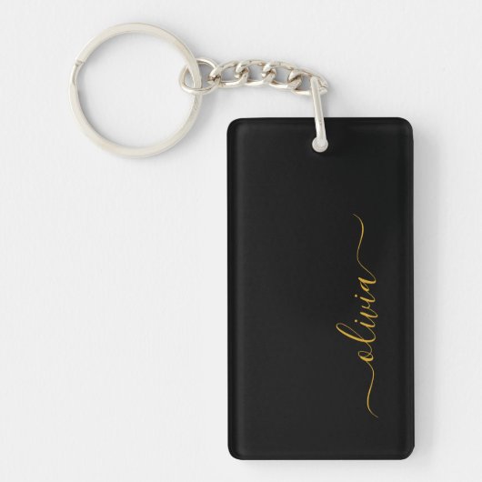 Zwart Gold Modern Script Girly Monogram Naam Sleutelhanger (Voorkant)