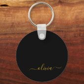 Zwart Gold Modern Script Girly Monogram Naam Sleutelhanger (Voorkant)