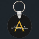 Zwart Gold Modern Script Girly Monogram Naam Sleutelhanger<br><div class="desc">Zwart en Gold Eenvoudig Manuscript de Sleutelketens van de Naam van het Monogram (Sleutelhanger). Dit maakt de perfecte liefhebbende 16 verjaardag,  bruiloft,  vrijgezellenfeest,  verjaardagsdag,  baby shower of vrijgezellenfeest voor iemand die van luxe glam en stijl houdt.</div>