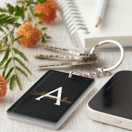Zwart Gold Modern Script Girly Monogram Naam Sleutelhanger (Voorkant Rechts)