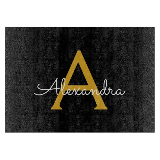 Zwart Gold Modern Script Girly Monogram Naam Snijplank (Voorkant)