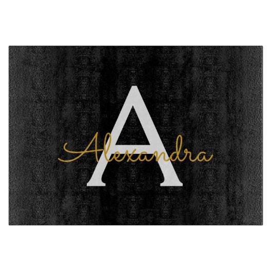 Zwart Gold Modern Script Girly Monogram Naam Snijplank (Voorkant)