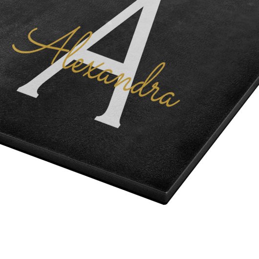 Zwart Gold Modern Script Girly Monogram Naam Snijplank (Hoek)