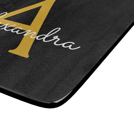 Zwart Gold Modern Script Girly Monogram Naam Snijplank (Hoek)