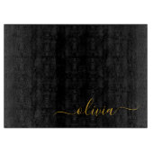 Zwart Gold Modern Script Girly Monogram Naam Snijplank (Voorkant)