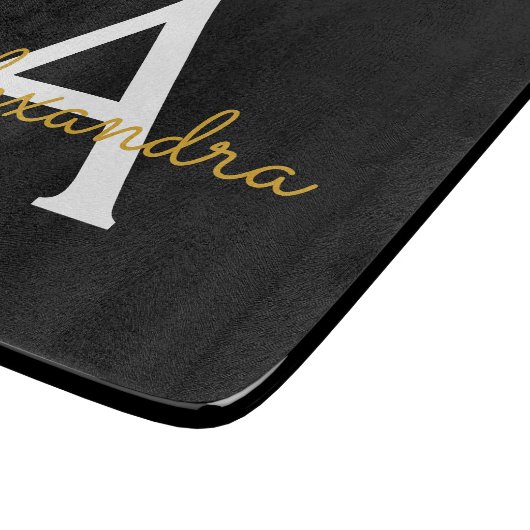 Zwart Gold Modern Script Girly Monogram Naam Snijplank (Hoek)