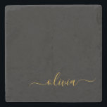 Zwart Gold Modern Script Girly Monogram Naam Stenen Onderzetter<br><div class="desc">Zwart en goudvormig zwart-wit monogram met monogram naam Stone Tile. Dit maakt het perfecte afstuderen,  zoete 16 verjaardag,  bruiloft,  vrijgezellenfeest,  verjaardagsdag,  baby shower of vrijgezellenfeest voor iemand die van luxe en chic stijlen houdt.</div>