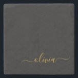 Zwart Gold Modern Script Girly Monogram Naam Stenen Onderzetter<br><div class="desc">Zwart en goudvormig zwart-wit monogram met monogram naam Stone Tile. Dit maakt het perfecte afstuderen,  zoete 16 verjaardag,  bruiloft,  vrijgezellenfeest,  verjaardagsdag,  baby shower of vrijgezellenfeest voor iemand die van luxe en chic stijlen houdt.</div>