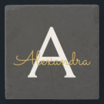Zwart Gold Modern Script Girly Monogram Naam Stenen Onderzetter<br><div class="desc">Zwart en goudvormig zwart-wit monogram met monogram naam Stone Tile. Dit maakt het perfecte afstuderen,  zoete 16 verjaardag,  bruiloft,  vrijgezellenfeest,  verjaardagsdag,  baby shower of vrijgezellenfeest voor iemand die van luxe en chic stijlen houdt.</div>