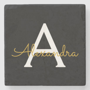 Zwart Gold Modern Script Girly Monogram Naam Stenen Onderzetter