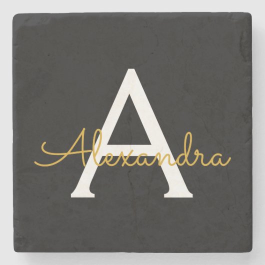 Zwart Gold Modern Script Girly Monogram Naam Stenen Onderzetter (Voorkant)