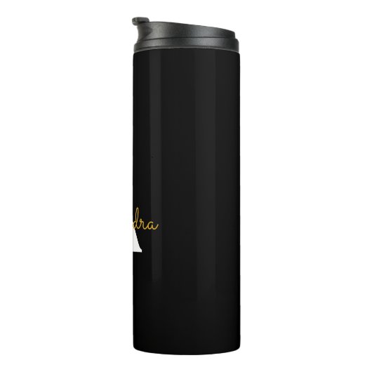 Zwart Gold Modern Script Girly Monogram Naam Thermosbeker (Geroteerd rechts)