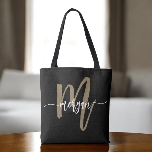 Zwart Gold Modern Script Girly Monogram Naam Tote Bag