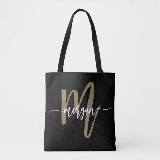 Zwart Gold Modern Script Girly Monogram Naam Tote Bag (Voorkant)