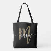 Zwart Gold Modern Script Girly Monogram Naam Tote Bag (Achterkant)