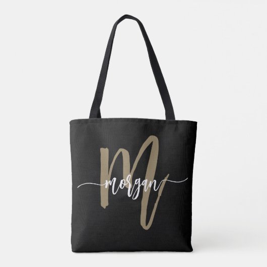 Zwart Gold Modern Script Girly Monogram Naam Tote Bag (Achterkant)