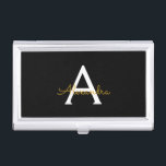 Zwart Gold Modern Script Girly Monogram Naam Visitekaarthouder<br><div class="desc">Zwarte en Gold Simple Script Monogram Name Business Card Holder. Dit maakt de perfecte liefhebbende 16 verjaardag,  bruiloft,  vrijgezellenfeest,  verjaardagsdag,  baby shower of vrijgezellenfeest voor iemand die van luxe glam en stijl houdt.</div>