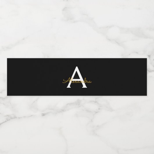 Zwart Gold Modern Script Girly Monogram Naam Waterfles Etiket (Enkel label)