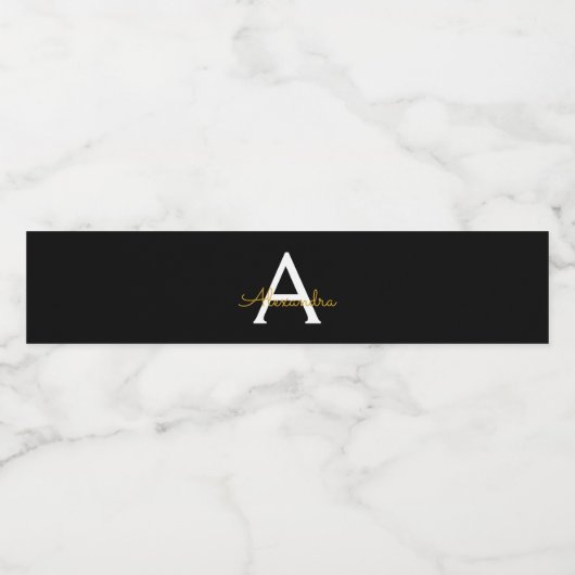 Zwart Gold Modern Script Girly Monogram Naam Waterfles Etiket (Enkel label)