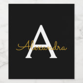 Zwart Gold Modern Script Girly Monogram Naam Wijn Etiket (Enkel label)