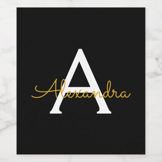 Zwart Gold Modern Script Girly Monogram Naam Wijn Etiket (Enkel label)