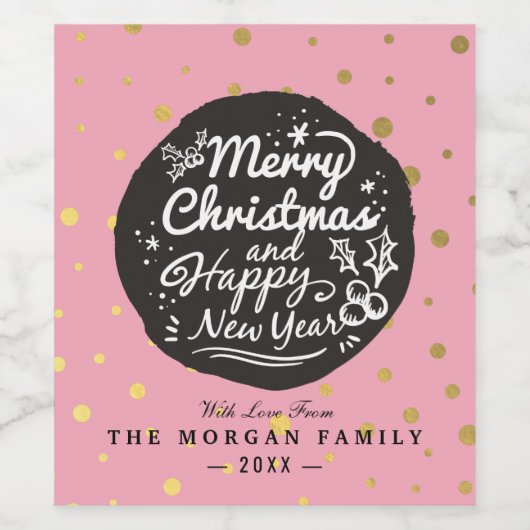 Zwart Gold Polka doet kerstmis en nieuwjaarsscript Wijn Etiket (Enkel label)