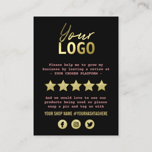 Zwart Gold Roze Hartelijk dank voor sociale media  Visitekaartje (Achterkant)