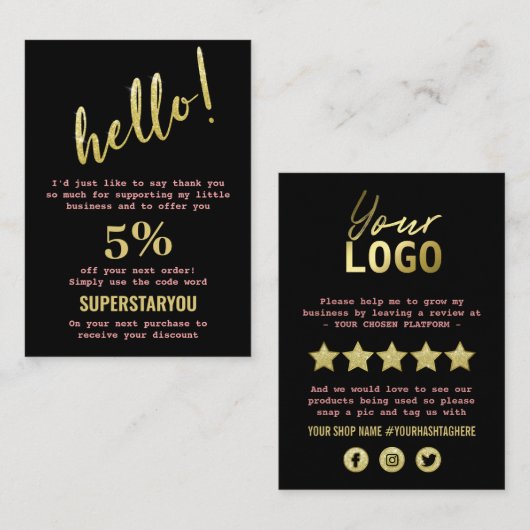 Zwart Gold Roze Hartelijk dank voor sociale media Visitekaartje (Voorkant / Achterkant)